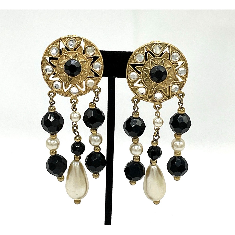 Vintage 80s Art Deco Revival Clip Earrings Gold Black Lucite Dangle Statement 4"